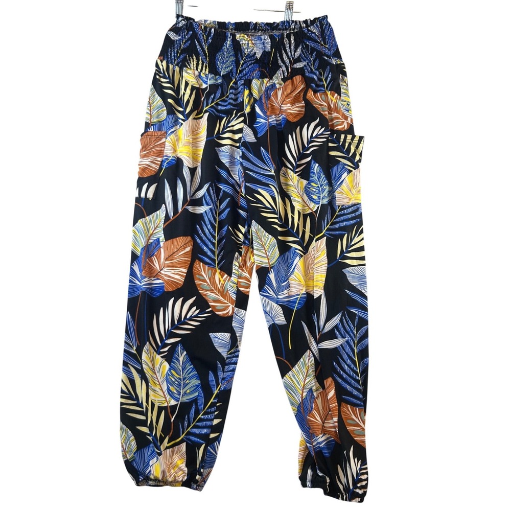 Qianxizhan Womens 2XL Tropical Leaf Print Smocked Waist Jogger Pants Black Blue